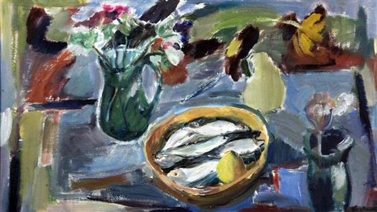 Margaret Traherne (1919-2006) Table top still life with a dish of sprats 215.5 x 27.5in.
